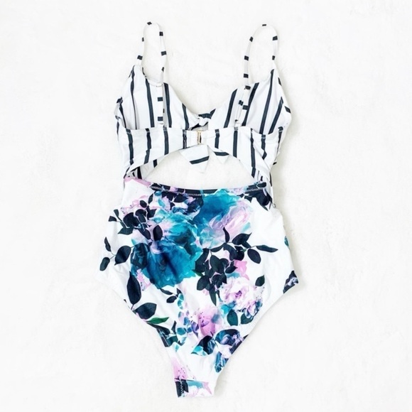 NEW ModCloth Sienna Striped Floral Tie Front One Piece Swimsuit - Picture 6 of 8